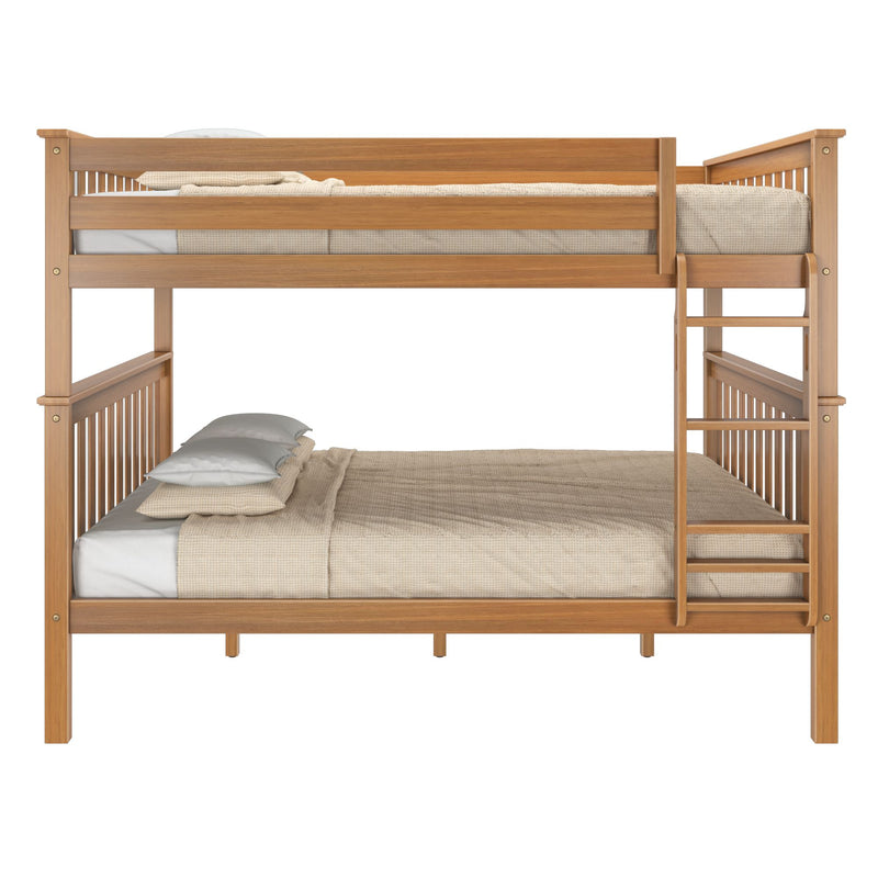 Twin-over-full oak bunk bed with ladder, slatted guardrails and beige textured bedding — natural wood loft bed for kids and guest rooms