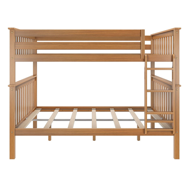 Wooden bunk bed frame with ladder, slatted guardrails and natural finish — space-saving kids' bedroom furniture