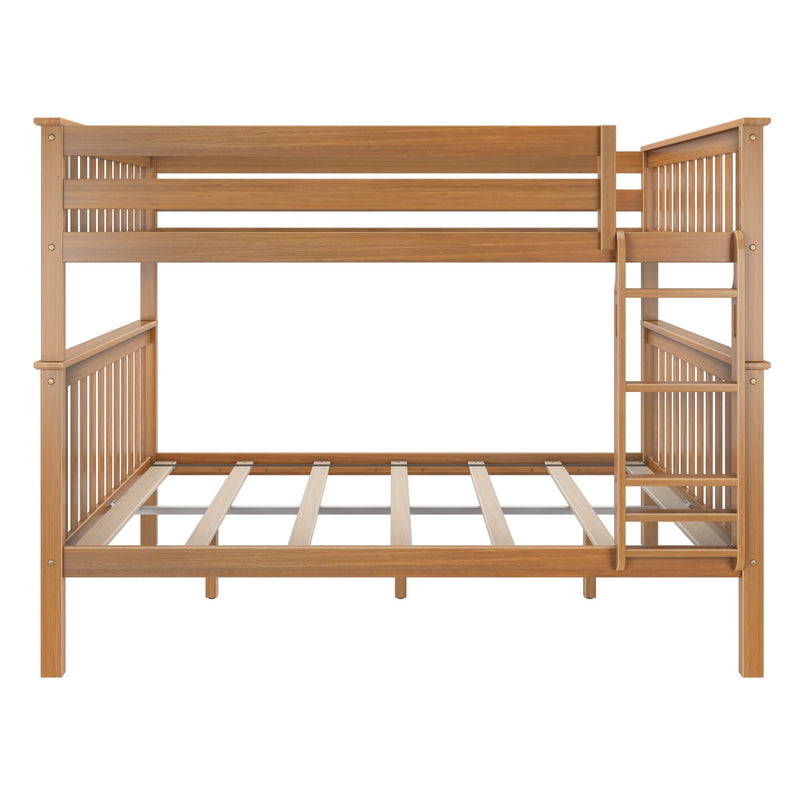 Wooden bunk bed frame in natural finish with integrated ladder, slatted guardrails and mattress supports, modern farmhouse style