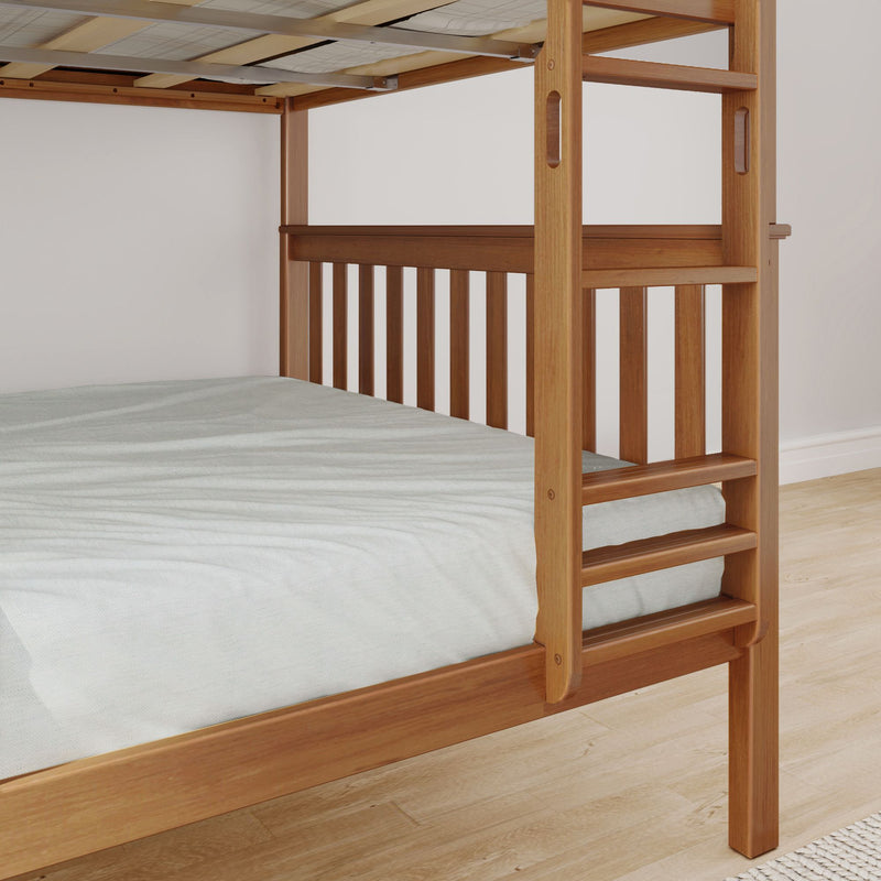 Natural-finish solid wood bunk bed with built-in ladder and slatted guardrail, white-sheet mattress on light hardwood floor