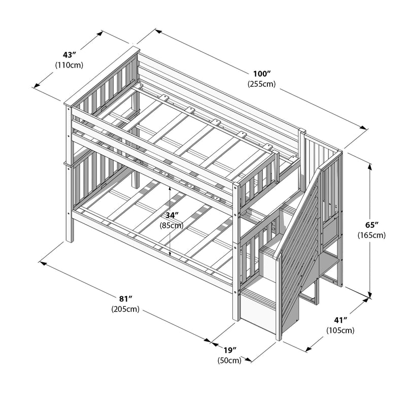 Assembly diagram of a wooden space-saving kids bunk bed with side staircase and built-in storage drawers, slatted platforms and safety guardrails; overall dimensions 100" x 81" x 65" (255 x 205 x 165 cm) with 34" (85 cm) lower bed clearance.