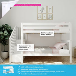 White wooden bunk bed with staircase, storage, and 400lb capacity in a stylish bedroom.