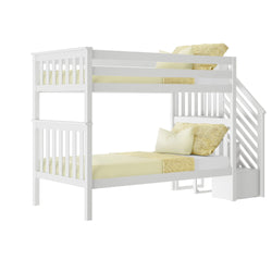 White wooden bunk bed with staircase and yellow bedding, ideal for kids' bedroom furniture.