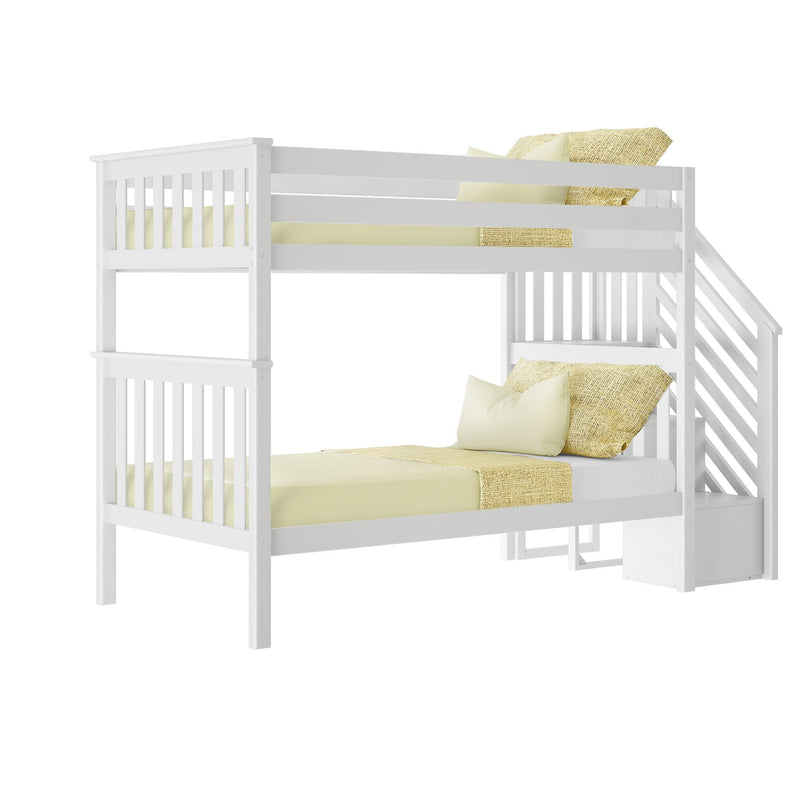 White wooden twin-over-twin bunk bed with built-in staircase and safety guardrails styled with pale yellow bedding and pillows for a modern kids’ bedroom