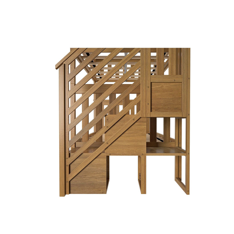 Outdoor wooden playhouse with elevated platform, diagonal lattice stairs, built-in storage panels and natural wood finish