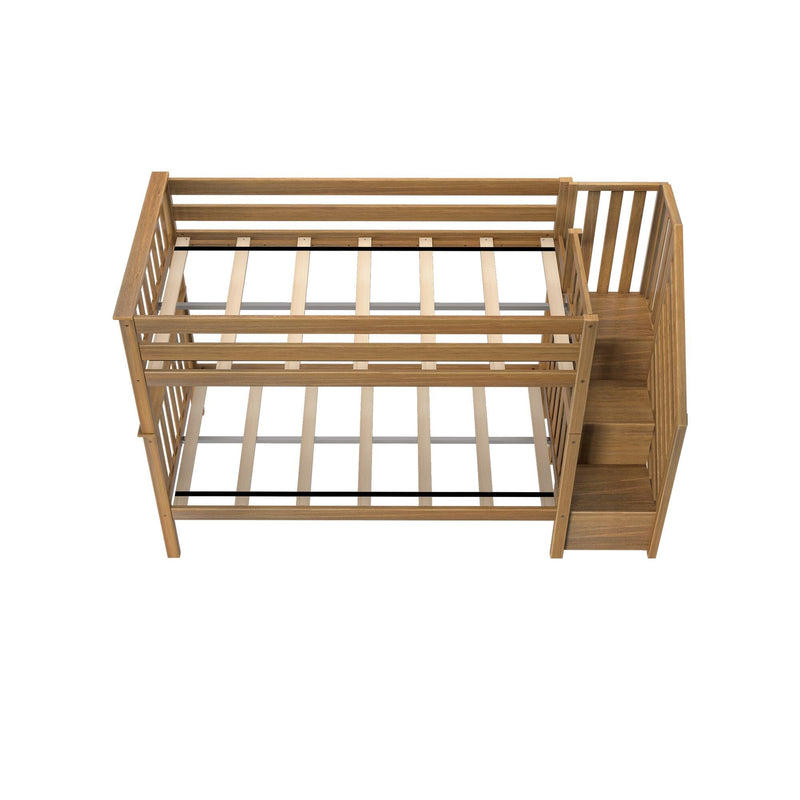Top-down view of a natural oak wooden loft bed frame with slatted mattress platform, guard rails and built-in staircase