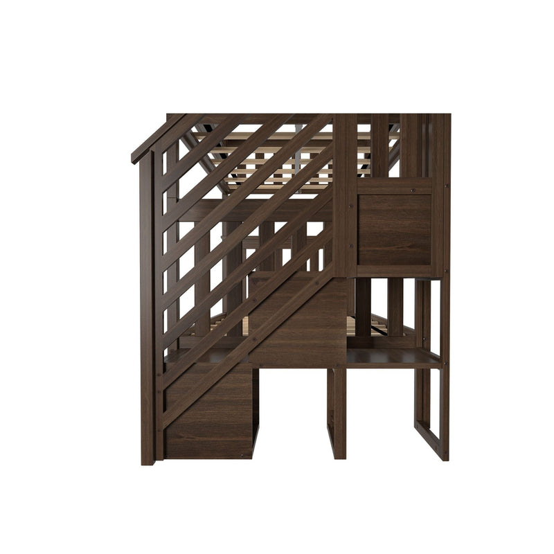 Dark brown wooden loft bed with diagonal slatted railing, built-in storage panels and lower playhouse platform on white background