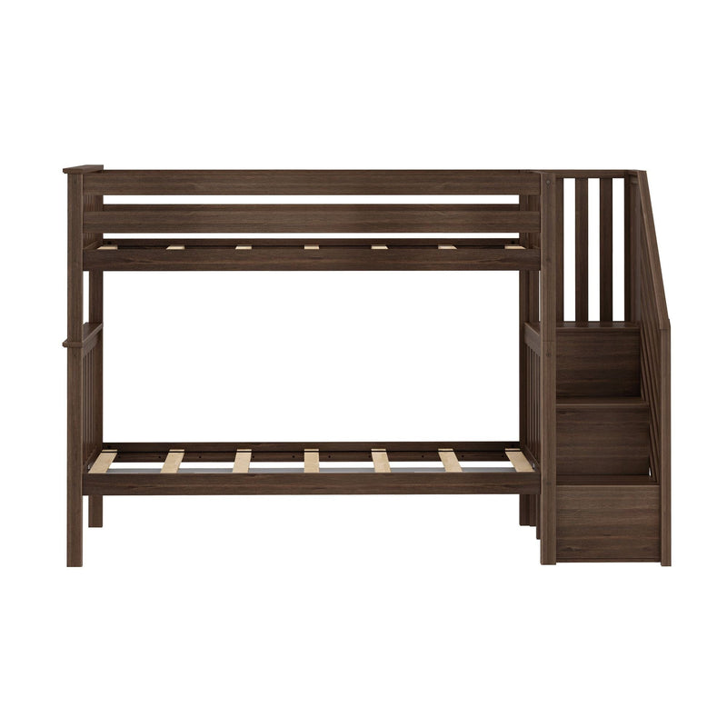 Dark brown wooden loft bed frame with built-in staircase and slatted mattress platform — space-saving kids bunk bed with storage steps