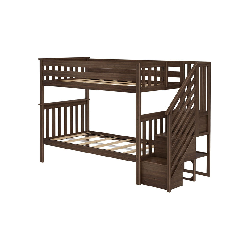 Dark walnut wooden loft-style bunk bed with built-in staircase, slatted mattress platforms, safety guardrails and space-saving bedroom storage furniture