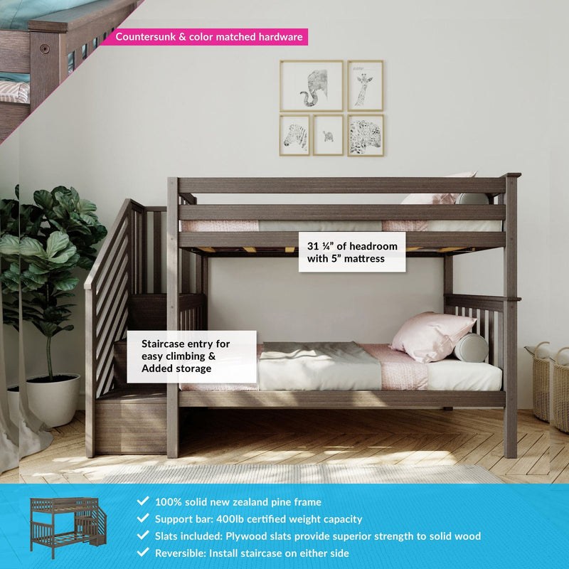 Solid New Zealand pine loft bunk bed with staircase and built-in storage, twin-over-full design in gray-brown finish, 31¼" headroom with 5" mattress, plywood slats, 400 lb support bar, countersunk color-matched hardware and reversible staircase for kids' bedroom