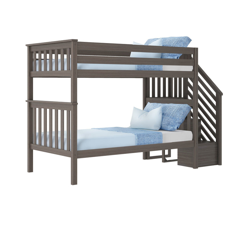 Gray wood twin-over-twin bunk bed with side staircase and safety rails, styled with light blue bedding for modern kids' bedrooms