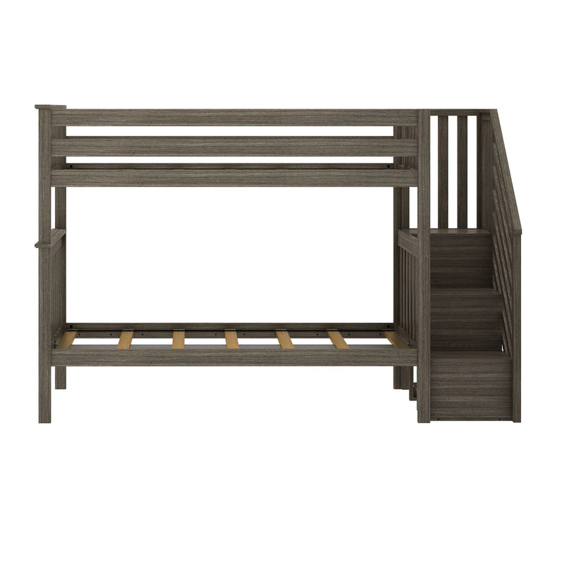 Gray wood twin loft bed frame with built-in staircase and slatted mattress support