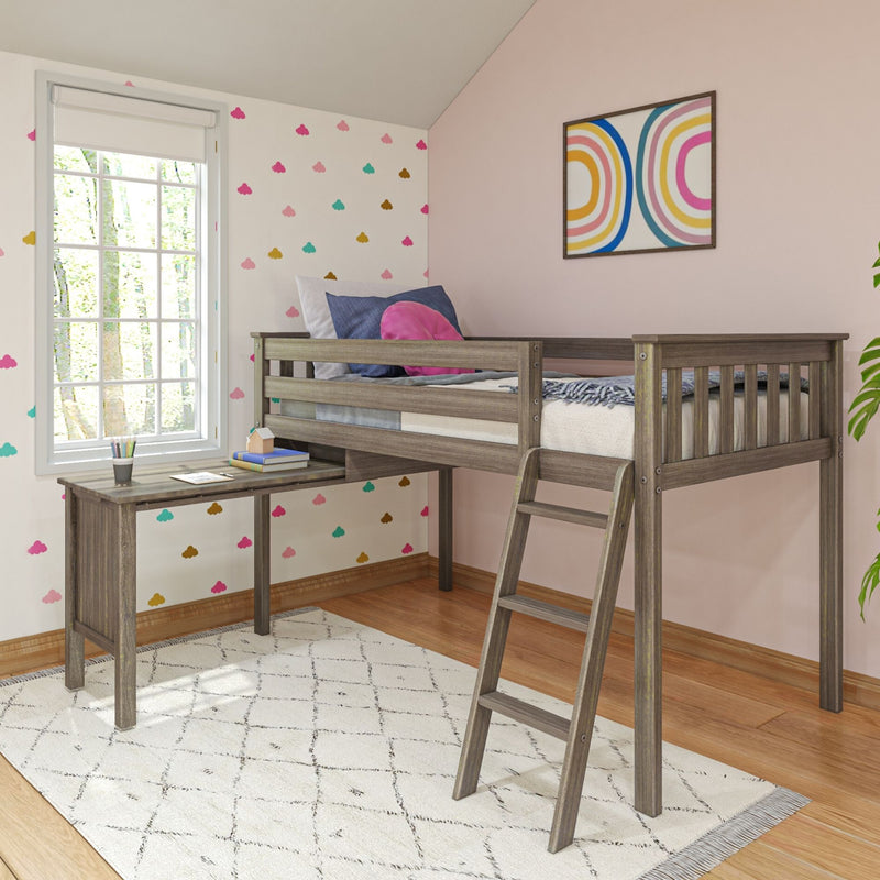 Rustic wooden kids loft bed with built-in desk in pink bedroom, colorful cloud wall decals, rainbow wall art and bright window