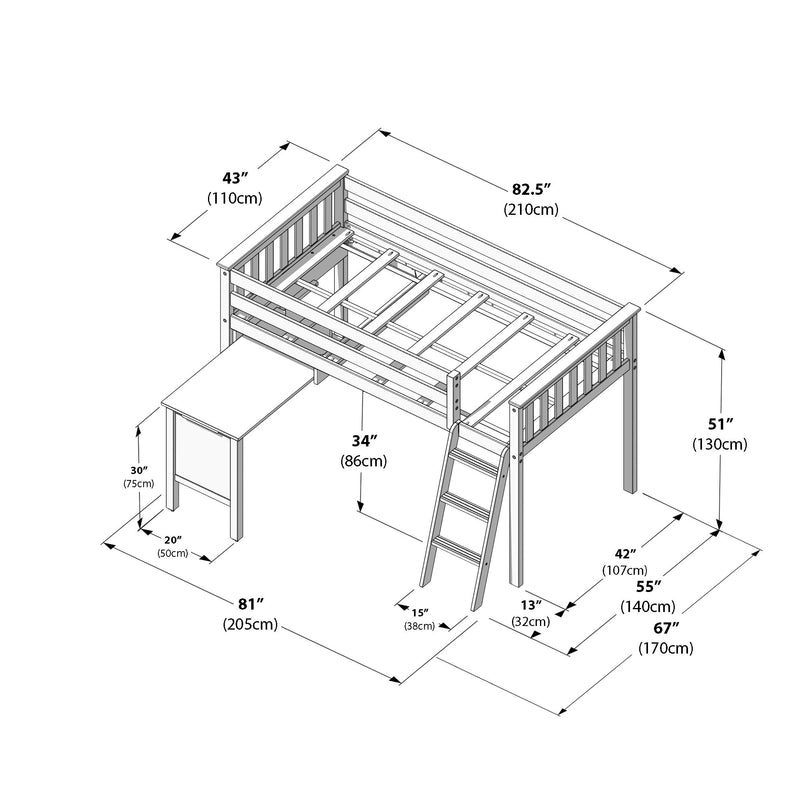Wooden loft bed with integrated desk and ladder, technical diagram showing slatted guardrails and support frame with annotated dimensions 82.5" (210cm) length, 43" (110cm) width, 51" (130cm) height — space‑saving loft bed with workspace