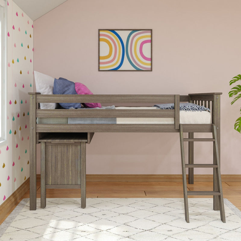 Wooden loft bed with ladder in pink kids bedroom, colorful pillows, rainbow wall art and polka-dot wall decals, modern girls room decor