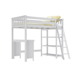 White wooden loft bed with ladder, built-in desk, and shelving, ideal for maximizing space in small bedrooms.
