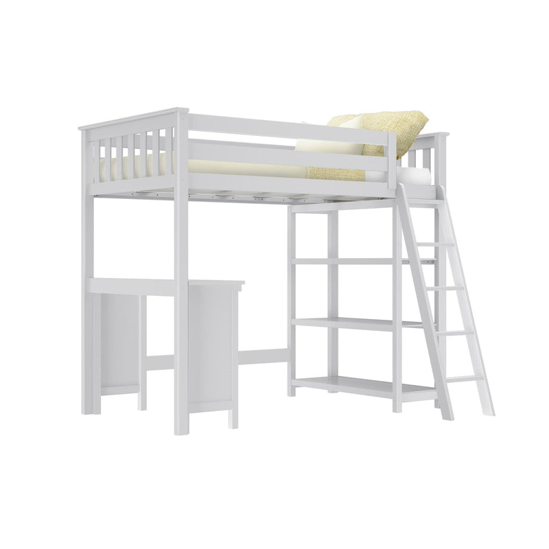 White wooden loft bed with angled ladder, built-in desk and open shelving, twin mattress with yellow pillows