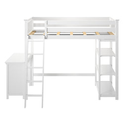 White loft bed with attached desk and shelves, ideal space-saving furniture for small bedrooms.