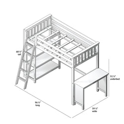 Loft bed with desk, ladder, and shelving unit, 68.5 inches tall, ideal for maximizing space in small bedrooms.