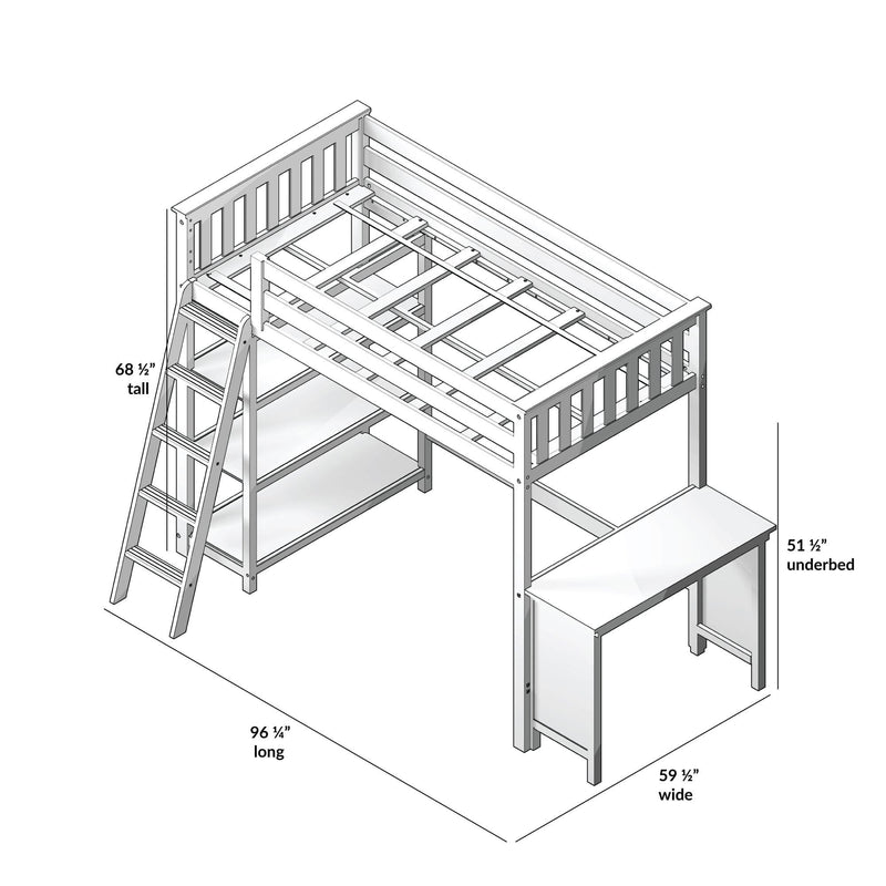 Loft bed with desk, ladder, and shelving unit, 68.5 inches tall, ideal for maximizing space in small bedrooms.