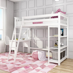 White loft bed with desk and shelves, pink geometric rug, and modern decor in a bright, minimalist room. Perfect for maximizing small space living.