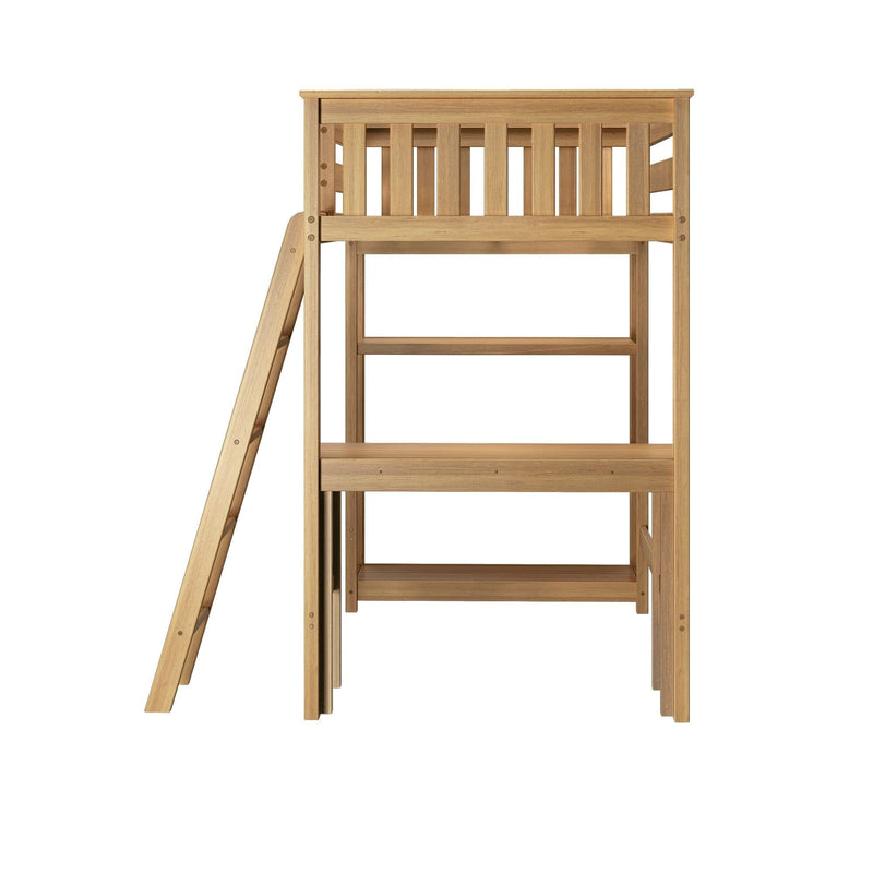 Natural wood loft bed with angled ladder and slatted guardrail, high wooden platform bed frame for kids and teens