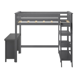 Grey loft bed with ladder and desk for space-saving bedroom furniture.
