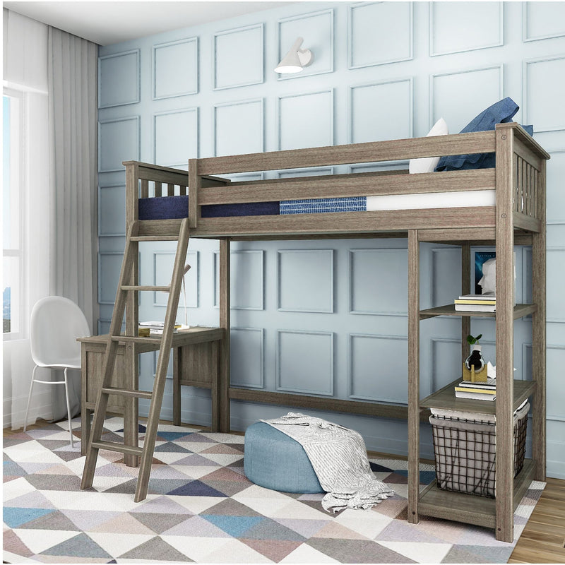 Wooden loft bed with ladder, built-in desk and shelving in a kids' bedroom with blue paneled accent wall, geometric area rug and pouf — space-saving bunk bed and study nook