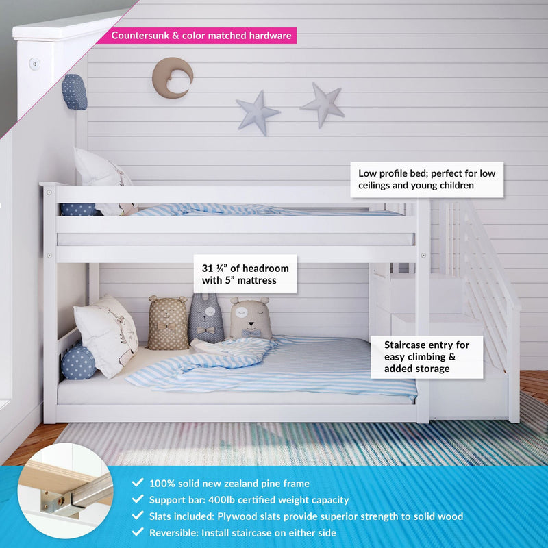 White twin-over-twin children's bunk bed with staircase and built-in storage, low-profile design for low ceilings, solid New Zealand pine frame with plywood slats and 400 lb support, reversible staircase entry, blue-striped bedding in a white shiplap kids' room
