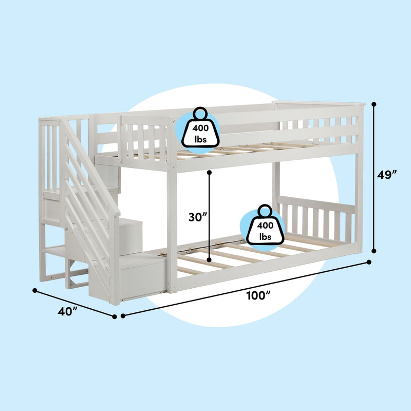 White wooden loft bunk bed with staircase storage and guardrails, twin-over-full design with slatted mattress supports, 100" L x 40" W x 49" H dimensions and 400 lb weight capacity per bed