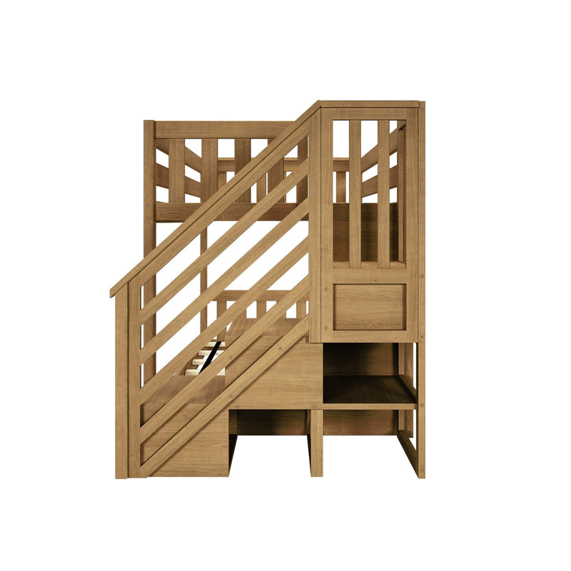 Kids loft bed with stairs in solid oak, slatted safety rails and under-bed storage cubbies, space-saving wooden bunk bed for children's bedrooms