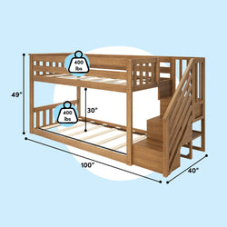 Solid wood twin-over-full bunk bed with staircase storage and slatted rails, 30 in clearance, 100×40×49 in, 400 lb capacity per bed, natural oak finish