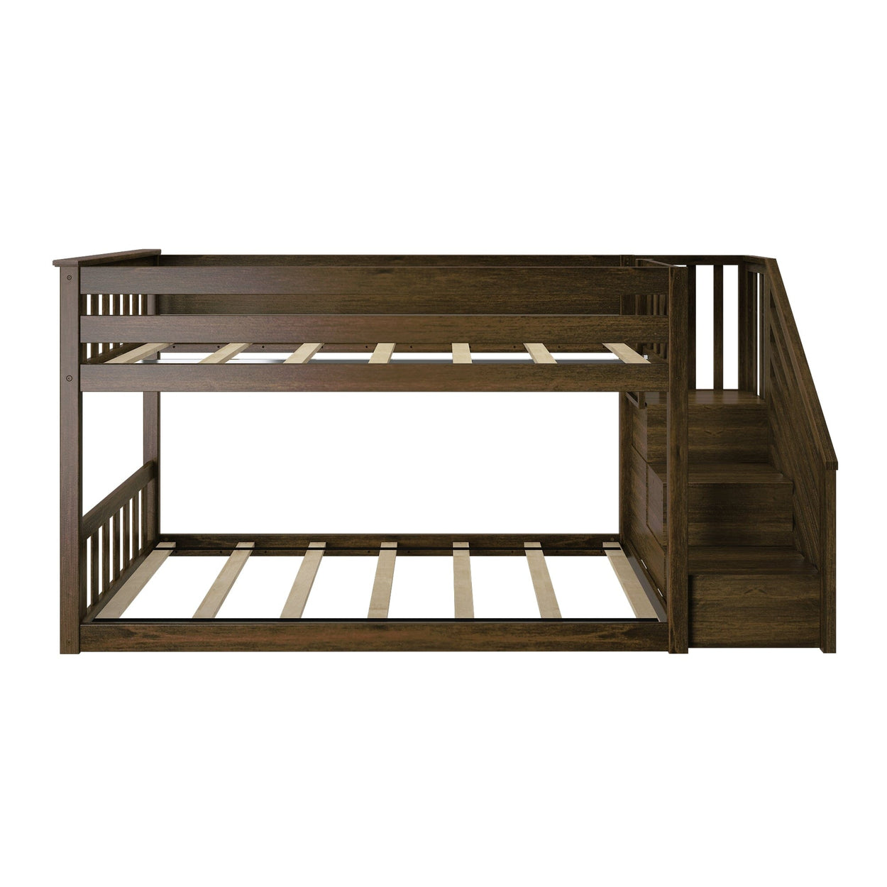 185220-008 : Bunk Beds Twin over Twin Low Bunk Bed with Staircase, Walnut