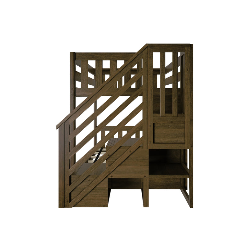 Dark brown wooden staircase with diagonal slat railing and vertical balusters, rustic timber loft stair detail