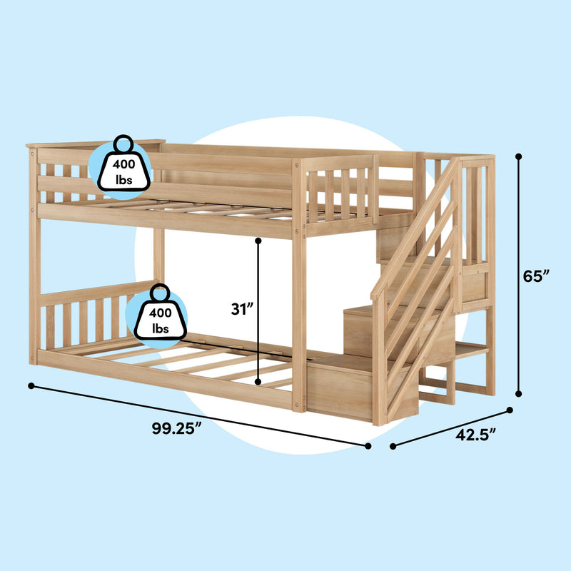 Twin Over Twin Low Bunk Bed With Stairs