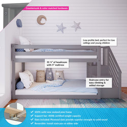 Gray twin-over-twin bunk bed with staircase and built-in storage, low-profile kids bunk with 31.25 in headroom for 5-inch mattress, 100% solid New Zealand pine frame, plywood slats and 400 lb certified support bar, reversible staircase