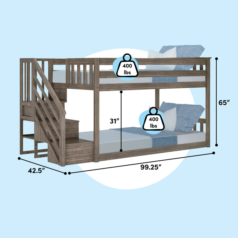 Gray wood twin-over-full bunk bed with staircase storage and guardrails, 99.25″ L x 42.5″ W x 65″ H, 400 lb capacity per bed