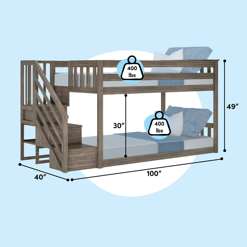 Grey wood staircase bunk bed with storage steps, twin loft-style design with blue bedding, 400 lb weight capacity per bunk, dimensions 100″ L x 40″ W x 49″ H
