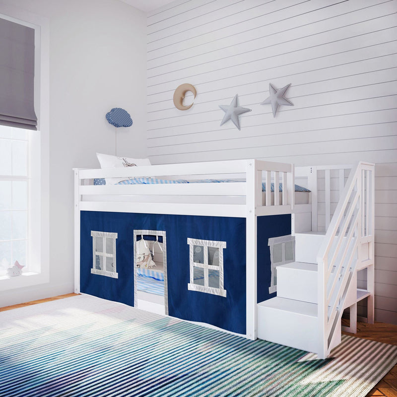 White wooden loft bed with stairs and navy-blue playhouse curtain, striped rug and star-and-moon wall decor in a bright children's bedroom