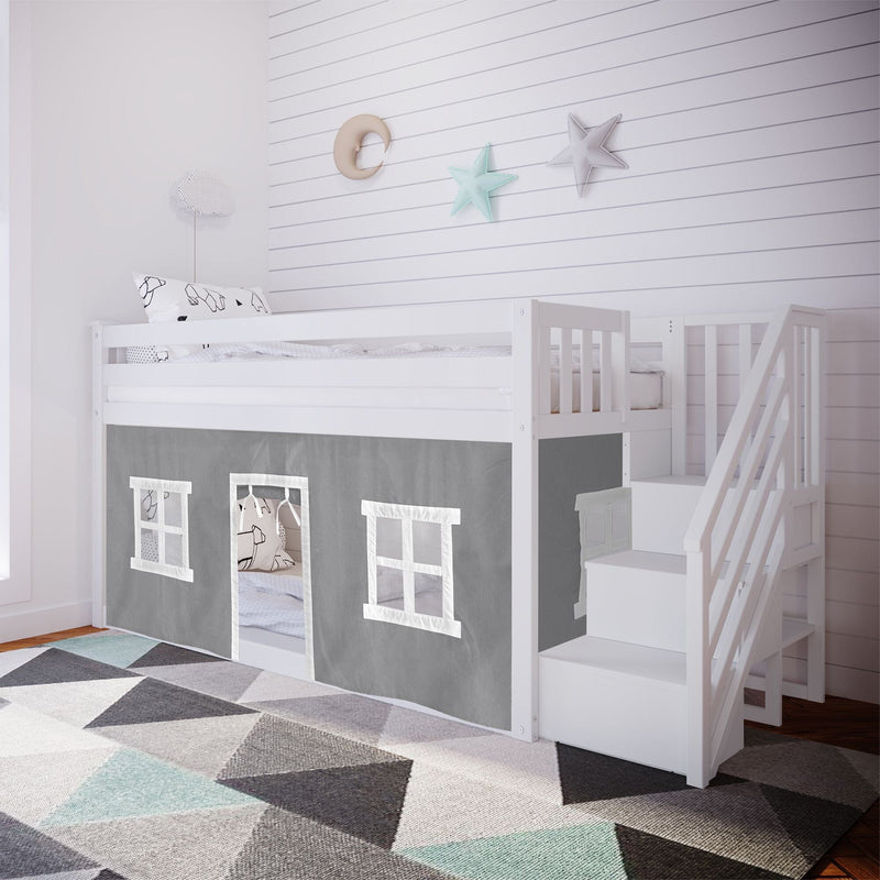 White wooden loft bed with stairs and gray playhouse curtain underneath in modern children's bedroom with star and moon wall decor and geometric rug