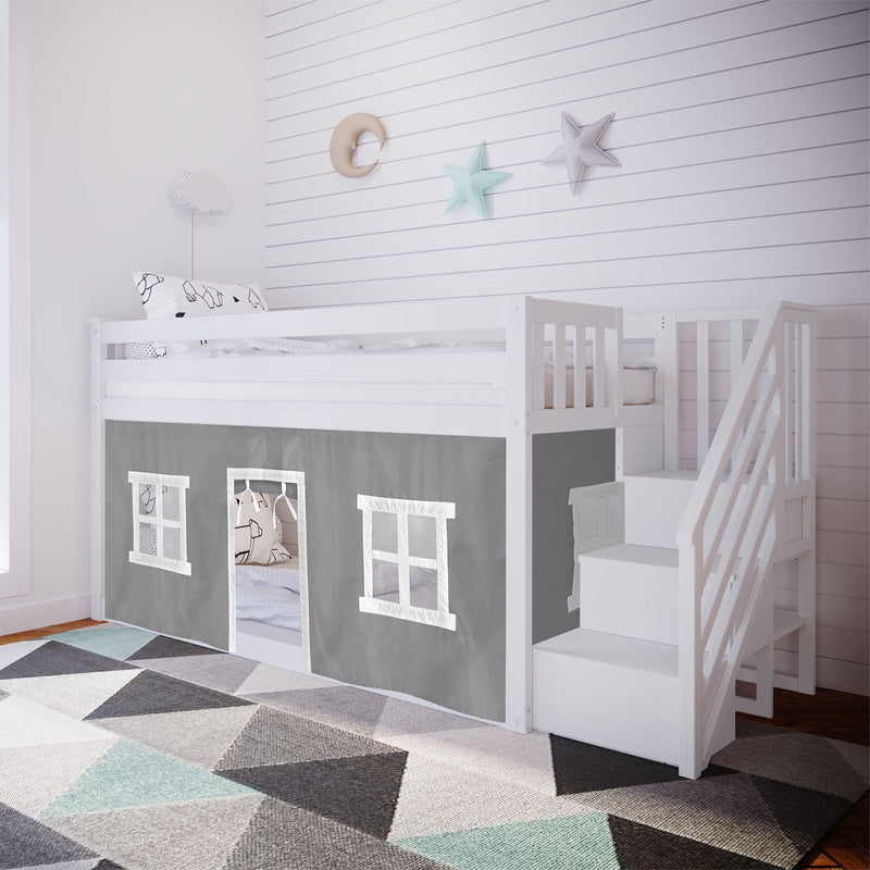 Twin over Twin Low Bunk Bed with Staircase and Curtains