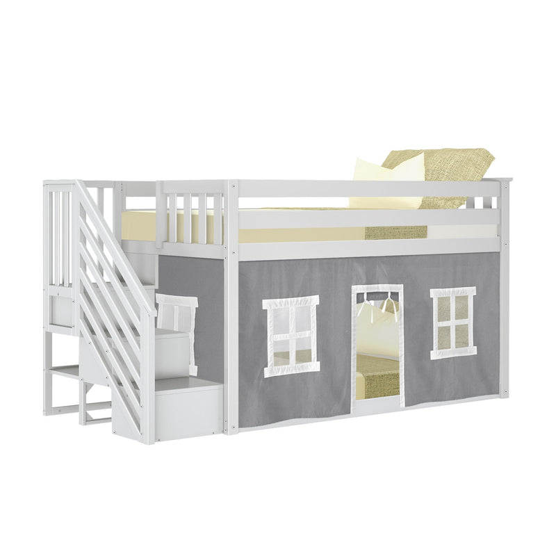 White wooden kids loft bed with built-in stairs and storage, gray playhouse curtain with windows and doorway, space-saving children's bedroom furniture