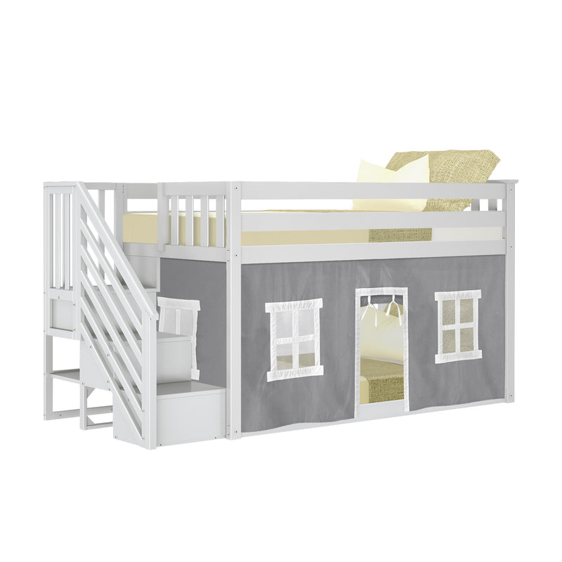Twin over Twin Low Bunk Bed with Staircase and Curtains