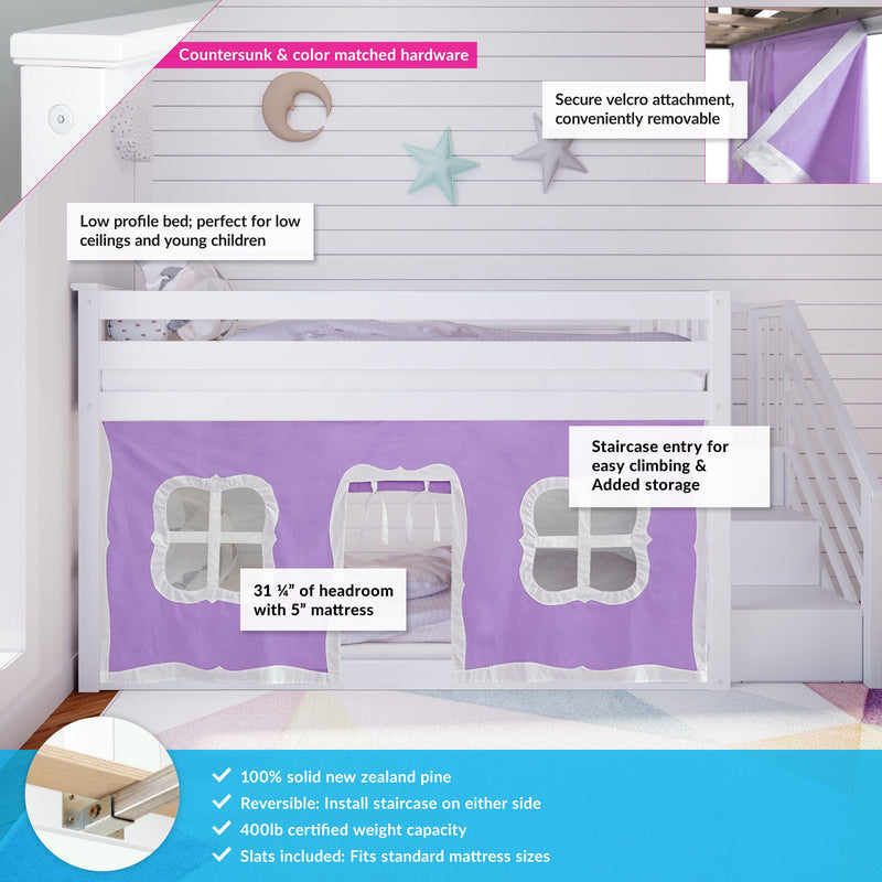 White low-profile children's loft bed with purple play-tent curtain, staircase entry, secure velcro attachments and countersunk hardware on solid pine frame