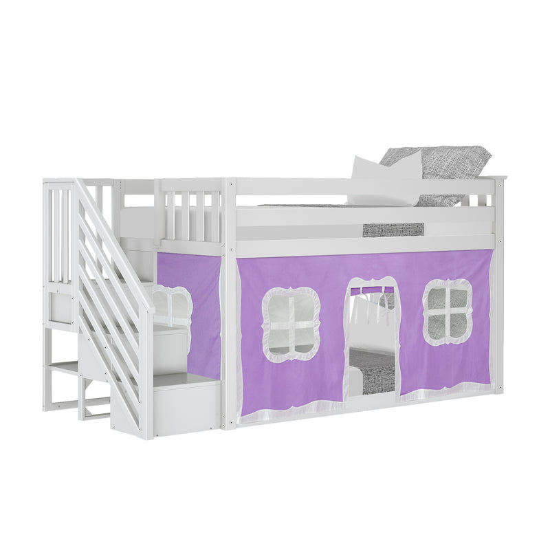 White children's loft bunk bed with staircase storage drawers, top guardrail, grey pillows and purple play‑tent curtains