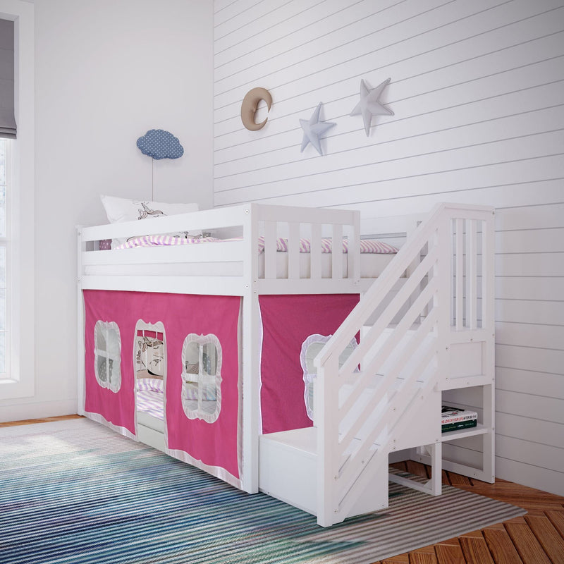 White loft bed with pink curtains and slide, perfect for kids' bedroom decor.