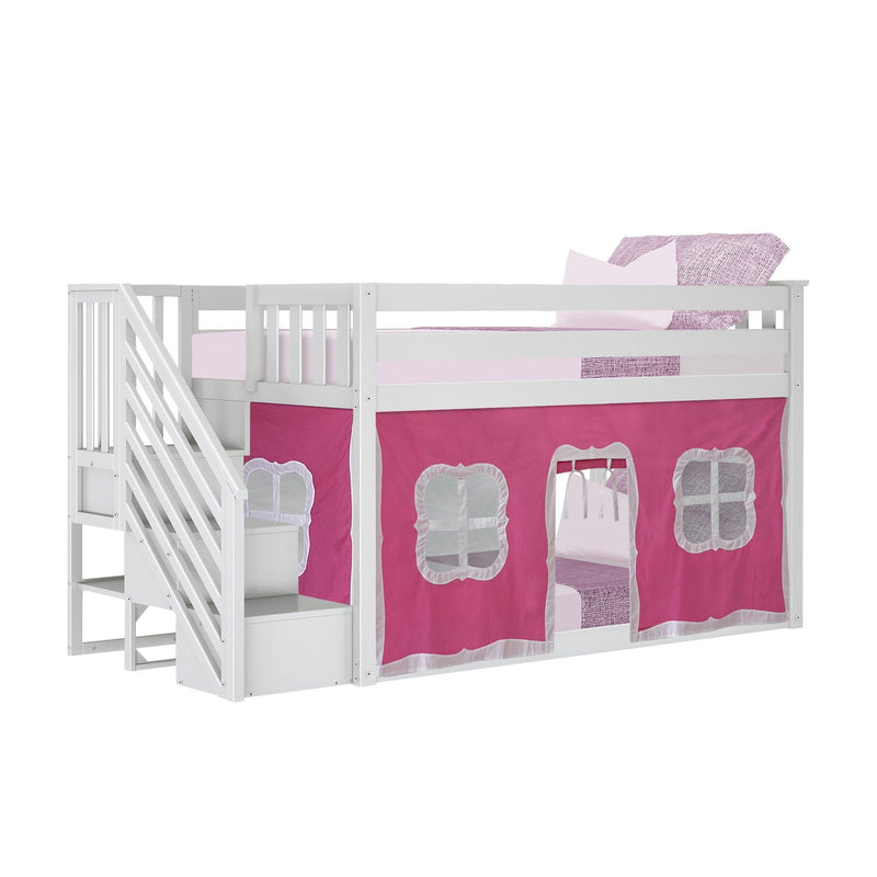 White wooden loft bed with pink playhouse tent and stairs for kids.