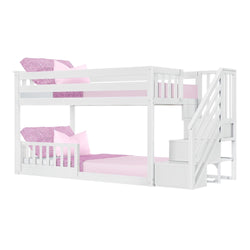 White wooden bunk bed with pink bedding and built-in staircase, perfect for kids' rooms.