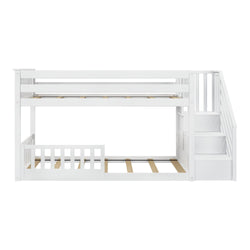 White wooden bunk bed with stairs and safety railing for kids' bedroom.