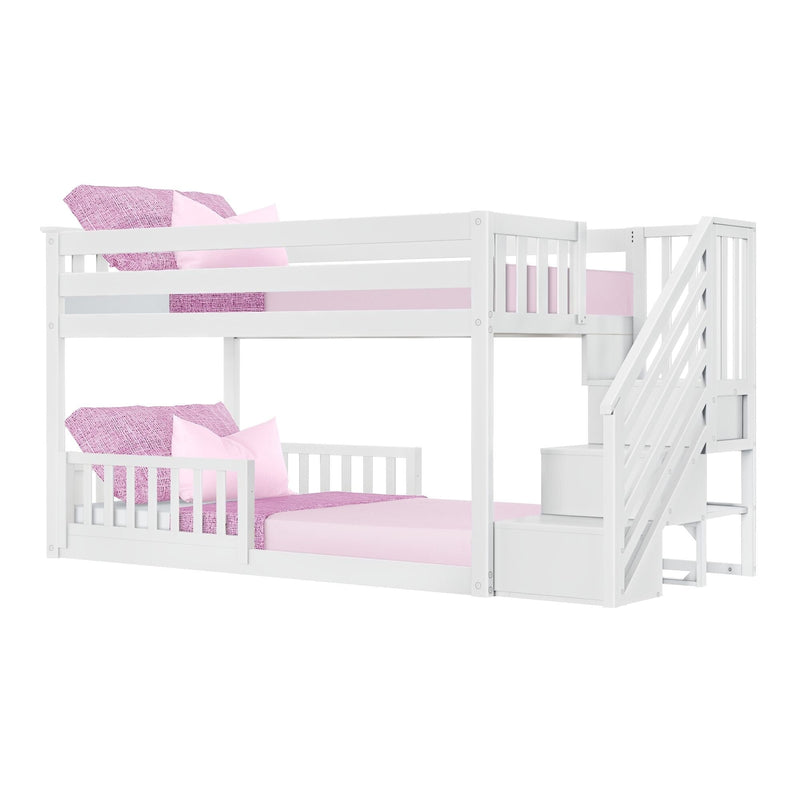 White wooden loft bunk bed with staircase, pink bedding and pillows, guardrails and built-in storage steps for kids' bedroom